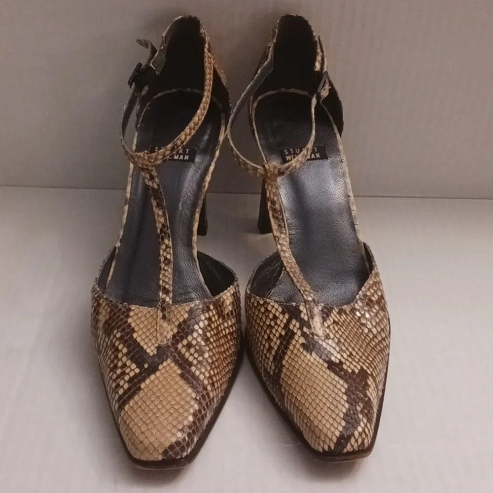 Stuart Weitzman size 7B women's snake print t-strap high-heel shoes brown cream. - Picture 1 of 17